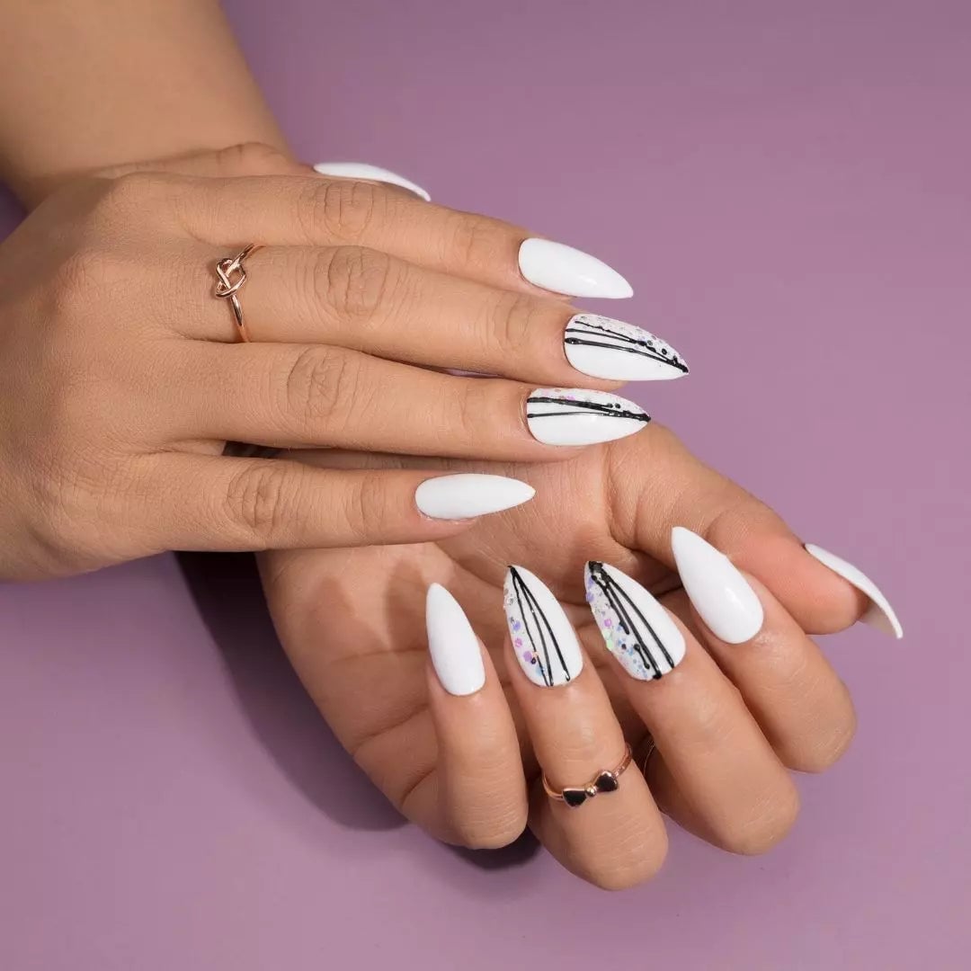 Matte White Geometric Line Art Short Almond Nails Matte White Geometric Line Art Short Almond Nails — White Acrylic Nails