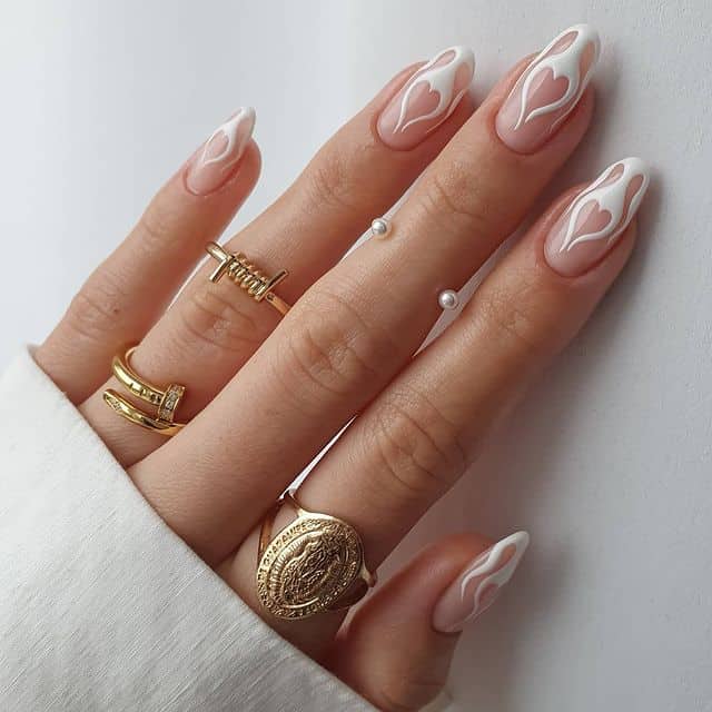 White Abstract Flame Accents Medium Almond Nails White Abstract Flame Accents Medium Almond Nails — White Acrylic Nails