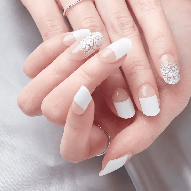 White and Nude French Glitter Cuticle Accent Nails White and Nude French Glitter Cuticle Accent Nails — White Acrylic Nails