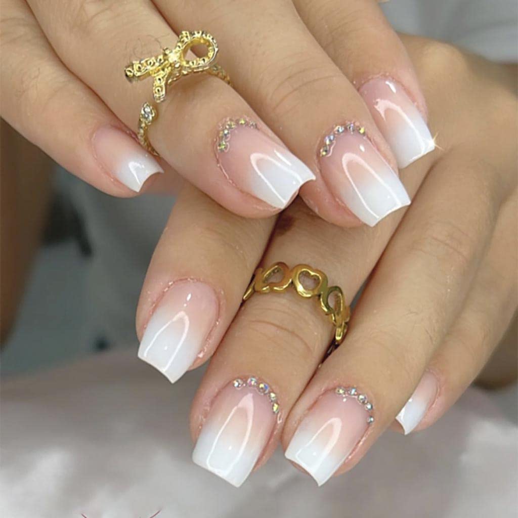 Nude to White Gradient Square Almond Nails with Rhinestones Nude to White Gradient Square Almond Nails with Rhinestones — White Acrylic Nails
