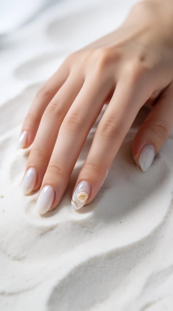Milky White Glossy Almond Nails with Seashell Charm Milky White Glossy Almond Nails with Seashell Charm — White Acrylic Nails