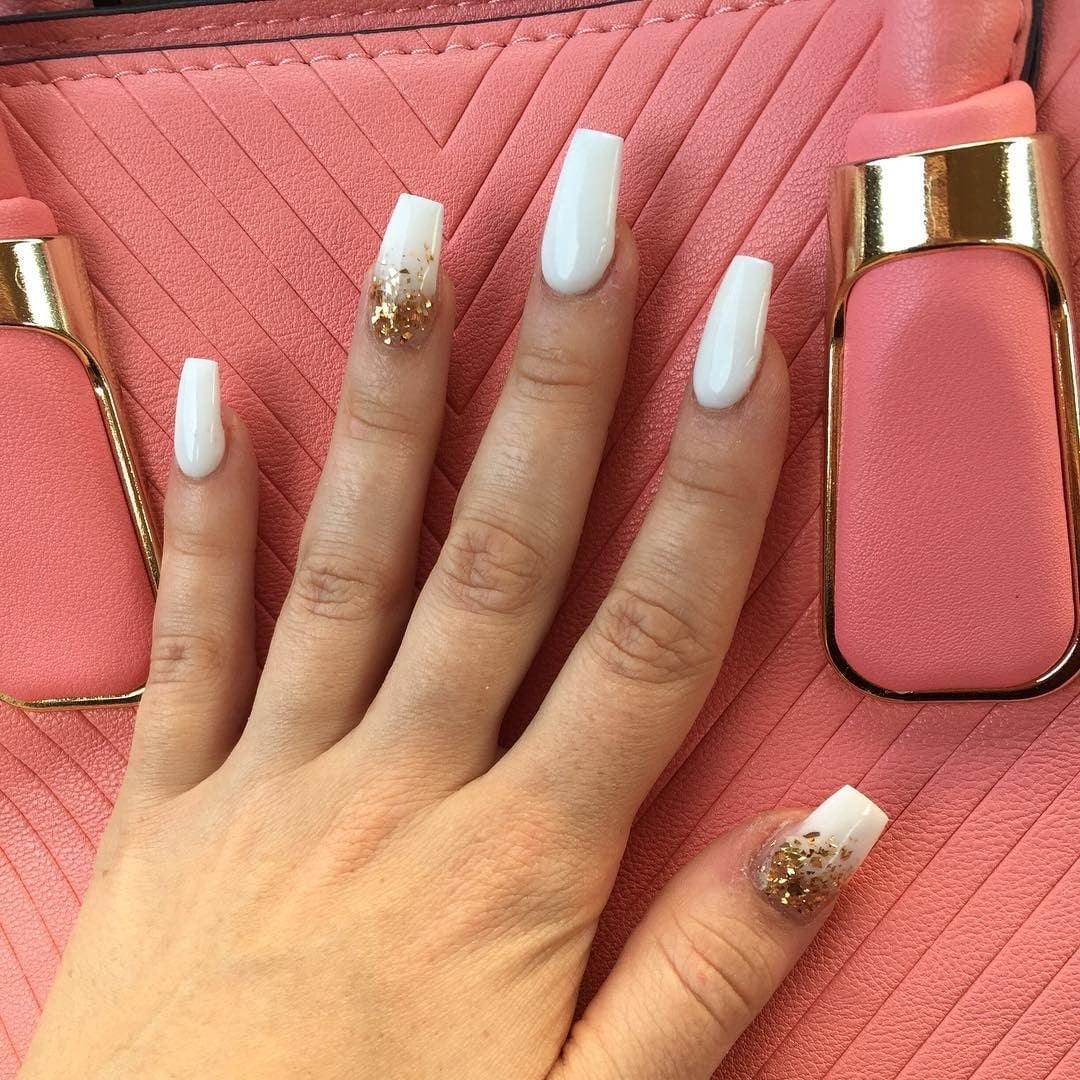 Opaque White Long Coffin Nails with Gold Glitter Opaque White Long Coffin Nails with Gold Glitter — White Acrylic Nails