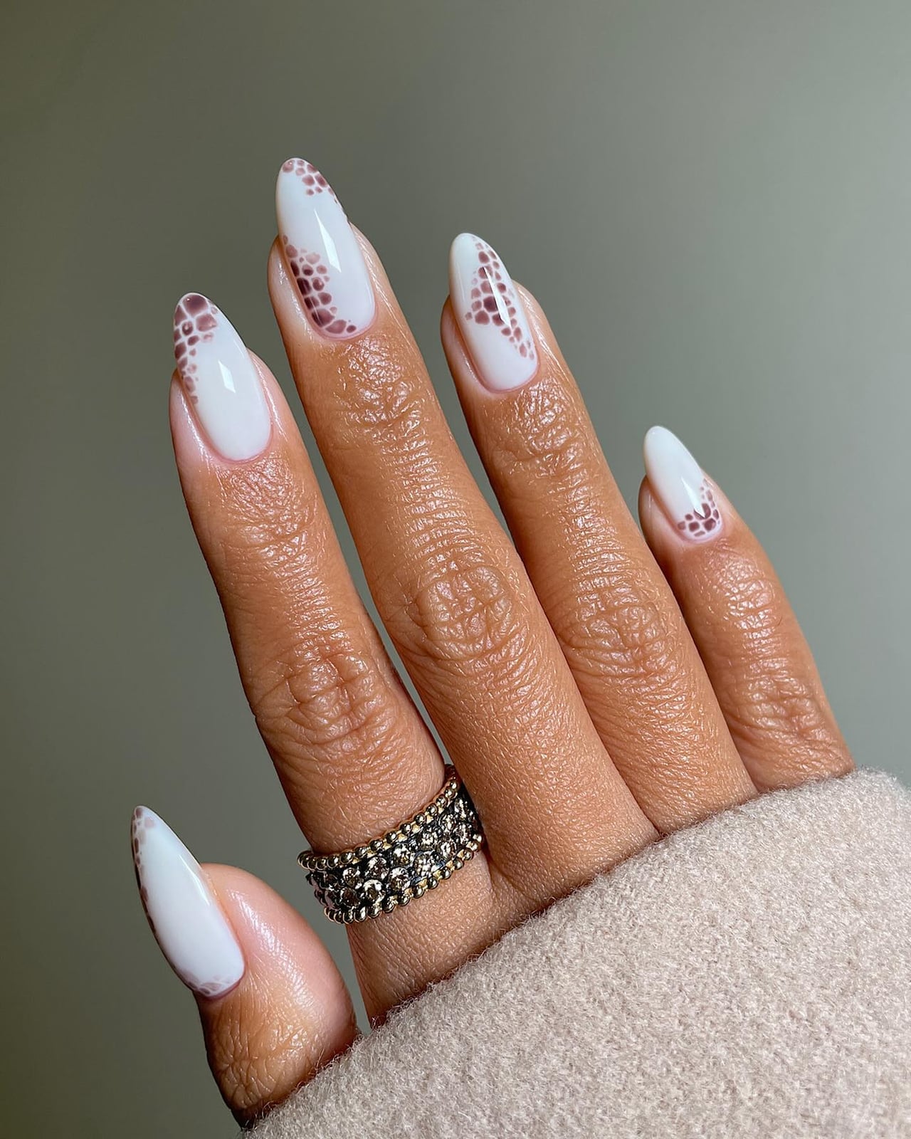 White Glossy Medium Almond Nails with Speckled Pattern White Glossy Medium Almond Nails with Speckled Pattern — White Acrylic Nails