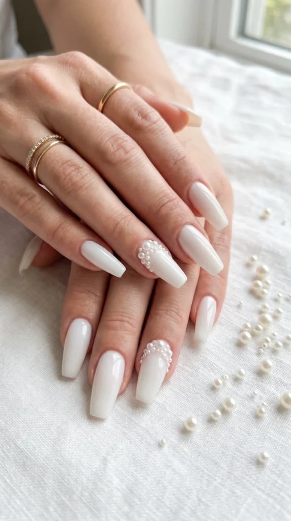 Solid Glossy White Long Coffin Nails with Pearls Solid Glossy White Long Coffin Nails with Pearls — White Acrylic Nails