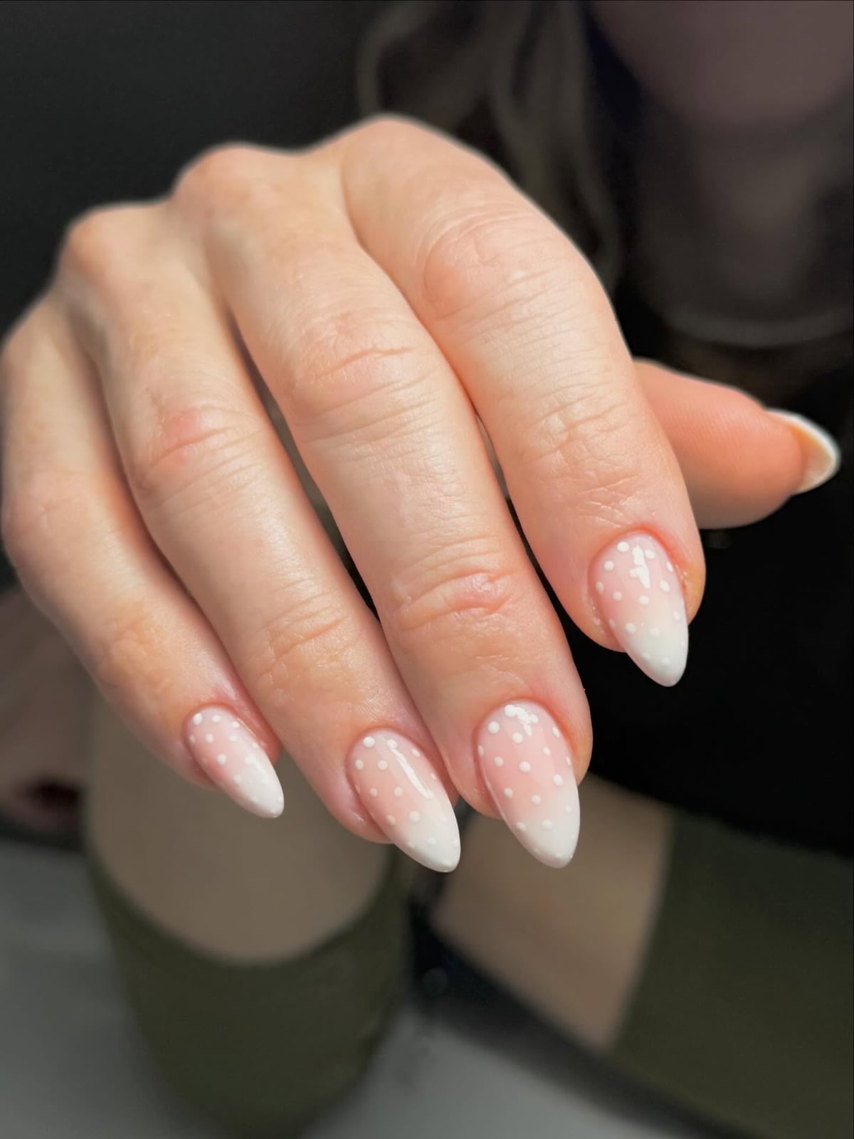 Sheer Nude Gradient White Polka Dot Almond Nails Sheer Nude Gradient White Polka Dot Almond Nails — White Acrylic Nails
