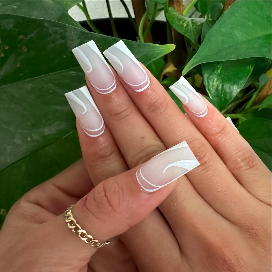 Matte White Line Art Medium Square Nails Matte White Line Art Medium Square Nails — White Acrylic Nails