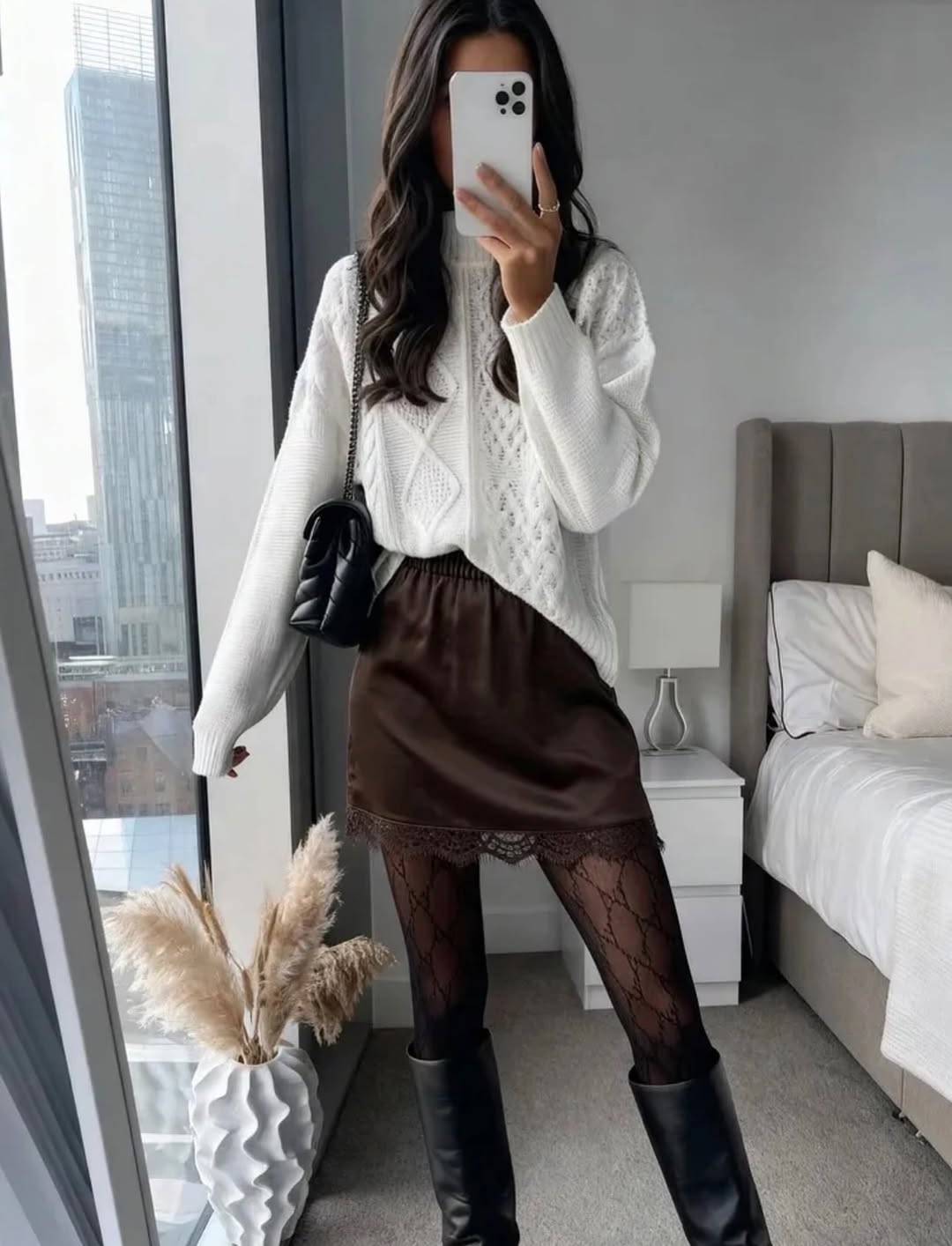 White Cable Knit Sweater With Brown Satin Skirt