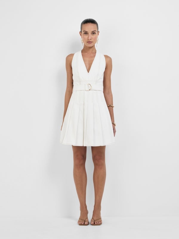 White Halter Neck Mini Dress with Pleated Skirt White Halter Neck Mini Dress with Pleated Skirt — White Dresses