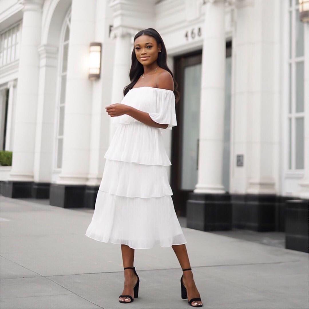 White Off-the-Shoulder Midi Dress with Tiered Ruffles White Off-the-Shoulder Midi Dress with Tiered Ruffles — White Dresses