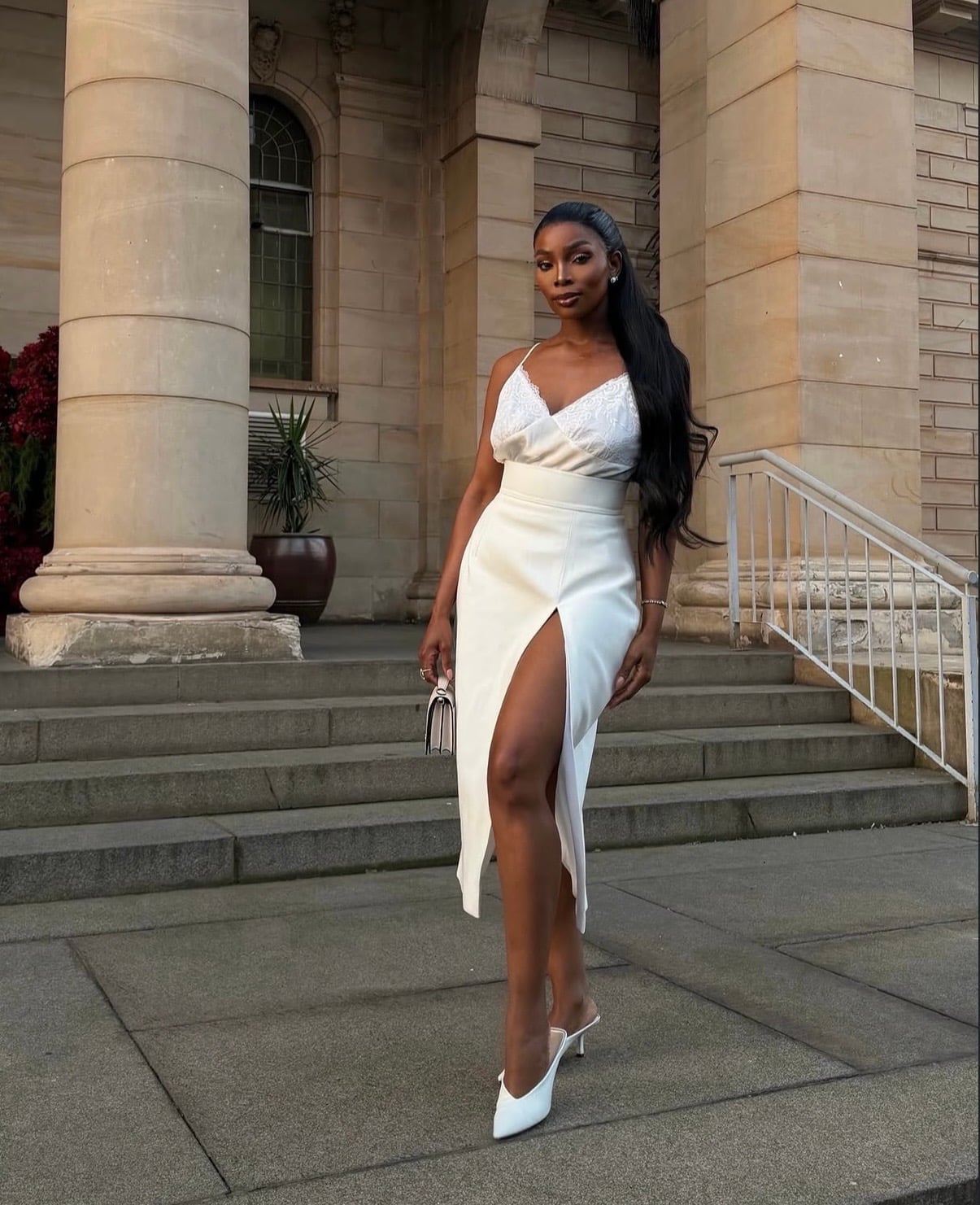White Lace Trim Camisole Dress with High Slit White Lace Trim Camisole Dress with High Slit — White Dresses