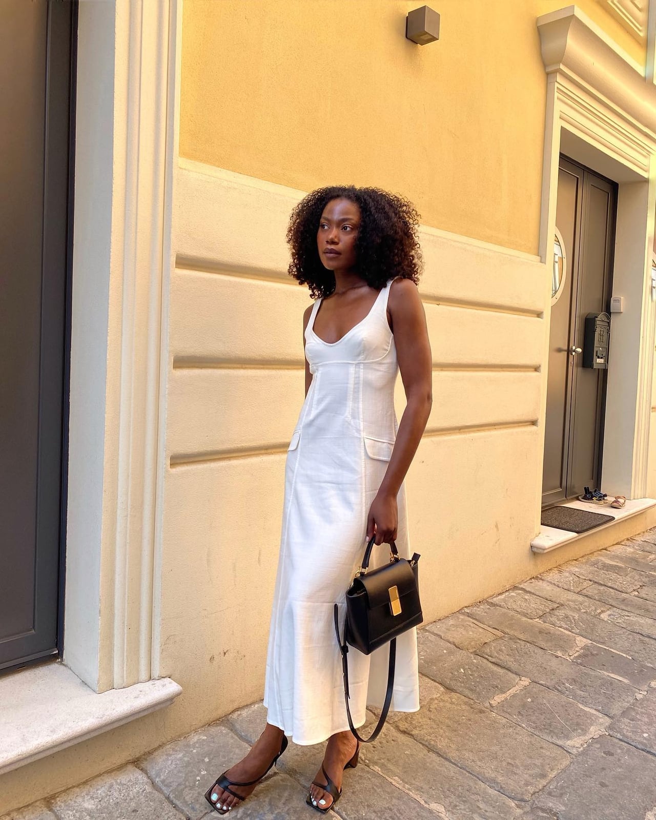 White Linen Midi Dress with Paneled Design White Linen Midi Dress with Paneled Design — White Dresses