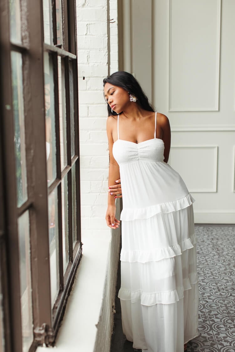 White Tiered Ruffle Maxi Dress with Empire Waist White Tiered Ruffle Maxi Dress with Empire Waist — White Dresses