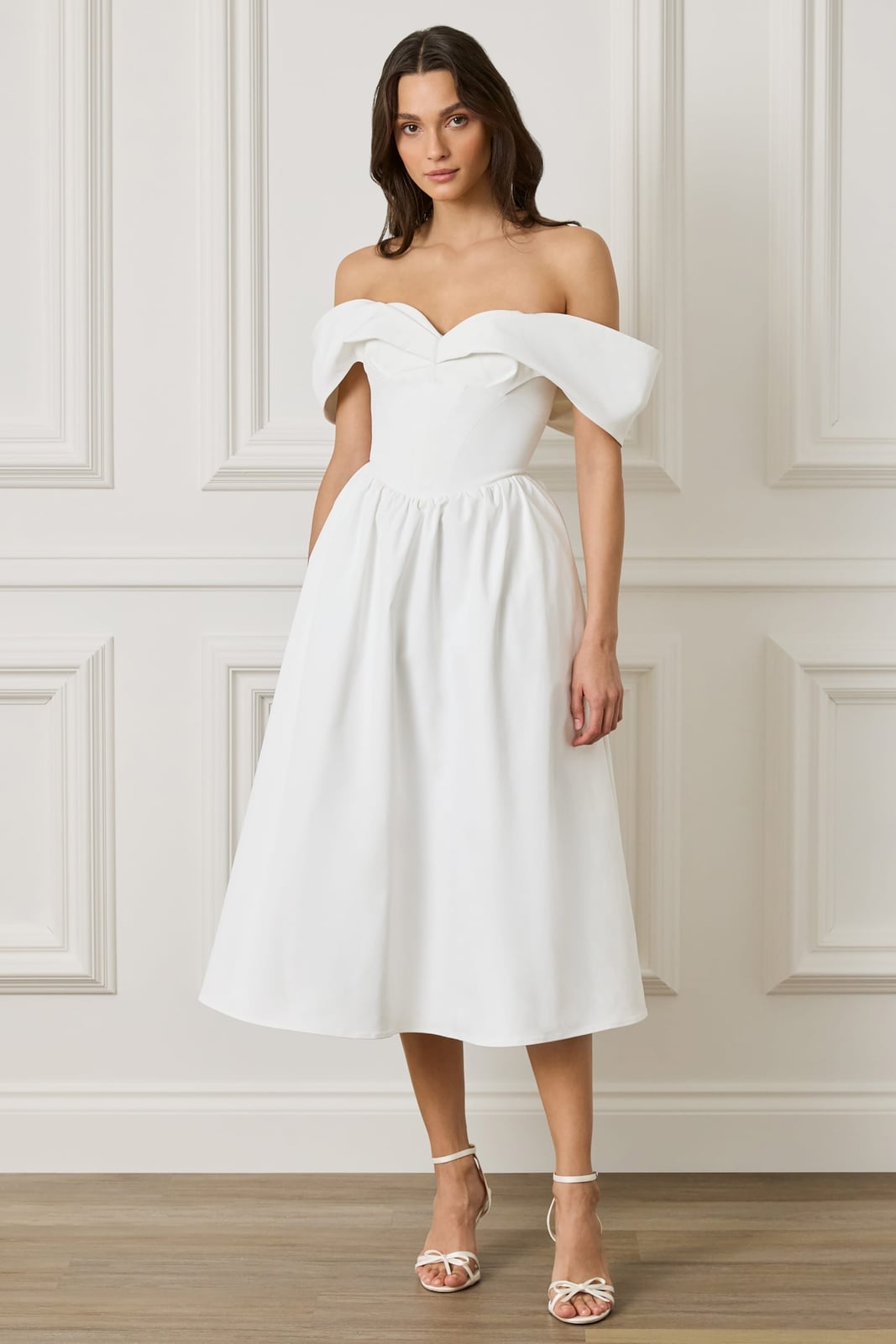 White Bardot Midi Dress for Cocktail Occasions White Bardot Midi Dress for Cocktail Occasions — White Dresses