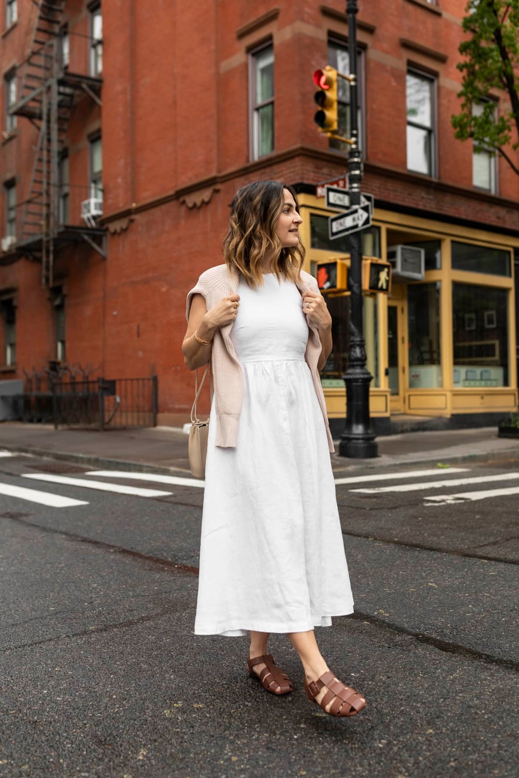White Linen Midi Dress with Knit Cardigan White Linen Midi Dress with Knit Cardigan — White Dresses