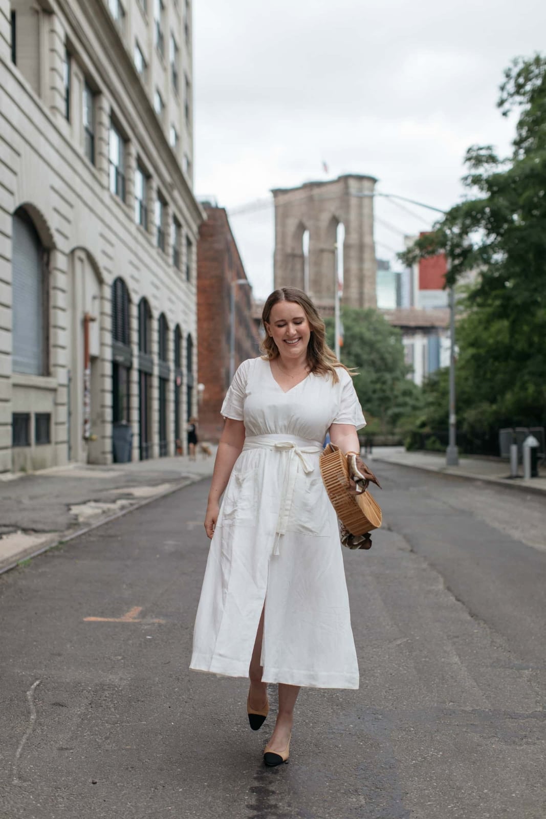 White Linen Midi Dress with Tie Belt, Tan Pointed-Toe Flats White Linen Midi Dress with Tie Belt, Tan Pointed-Toe Flats — White Dresses