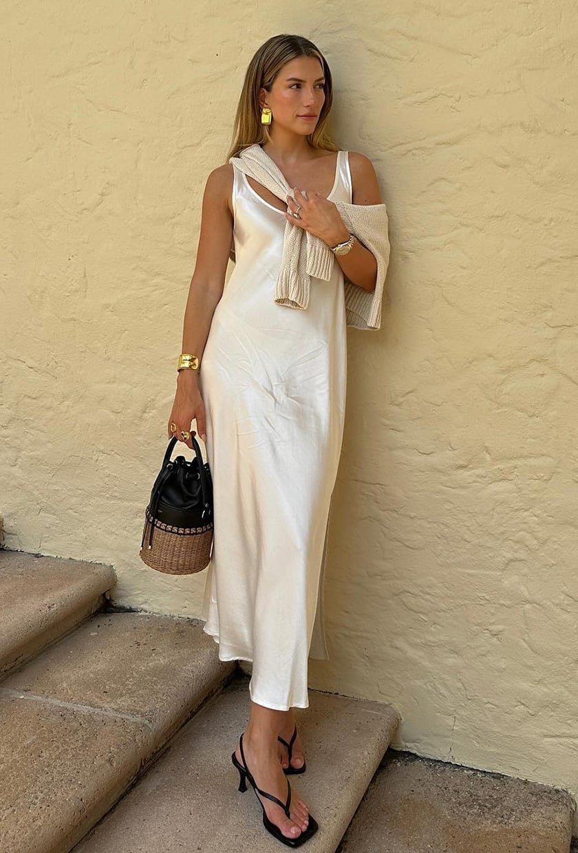 White Satin Bias Cut Slip Dress Layered White Satin Bias Cut Slip Dress Layered — White Dresses