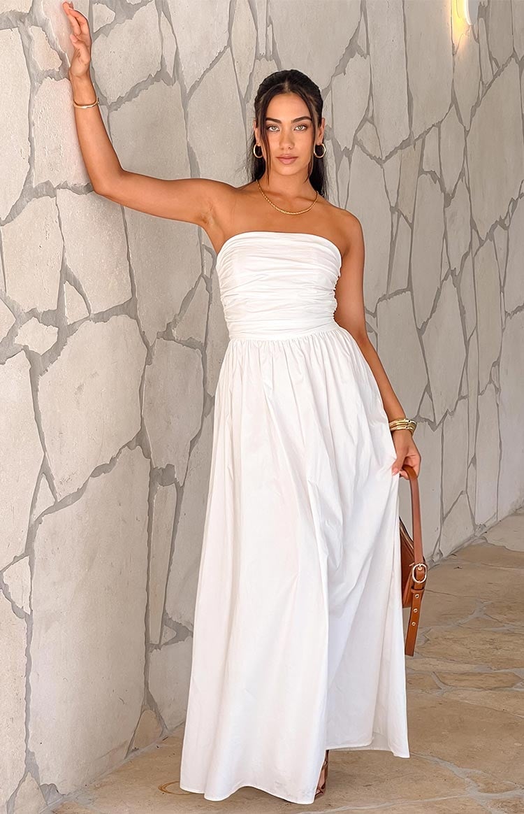 White Strapless Maxi Dress with Ruched Bodice White Strapless Maxi Dress with Ruched Bodice — White Dresses