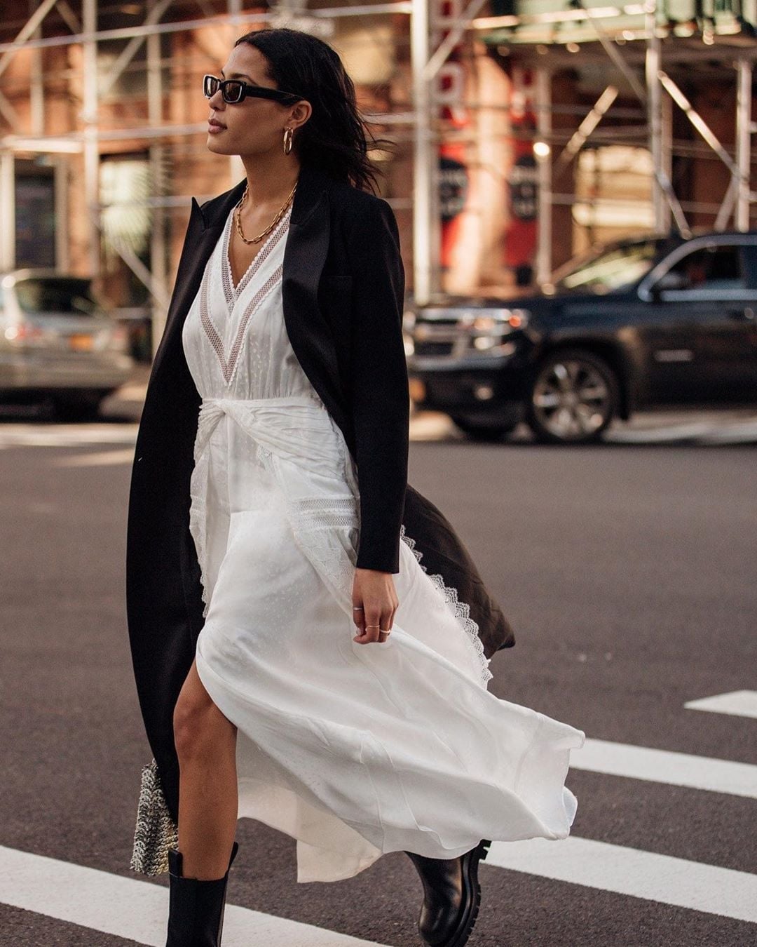 White Lace Midi Dress with Black Coat White Lace Midi Dress with Black Coat — White Dresses Outfit