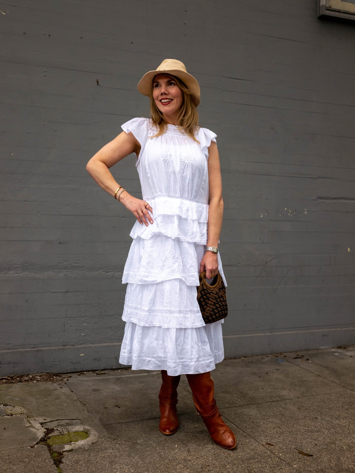 White Tiered Midi Dress with Brown Boots White Tiered Midi Dress with Brown Boots — White Dresses Outfit