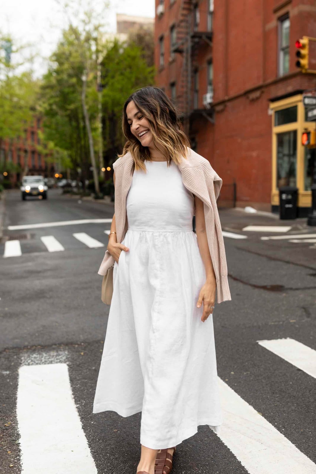 White Linen Midi Dress with Pink Sweater White Linen Midi Dress with Pink Sweater — White Dresses Outfit