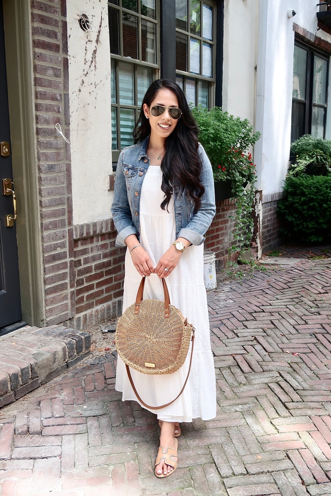 White Tiered Maxi Dress with Denim Jacket White Tiered Maxi Dress with Denim Jacket — White Dresses Outfit