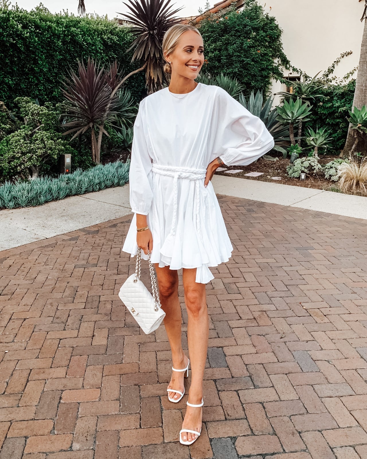 White Mini Dress with Balloon Sleeves and Belt White Mini Dress with Balloon Sleeves and Belt — White Dresses Outfit
