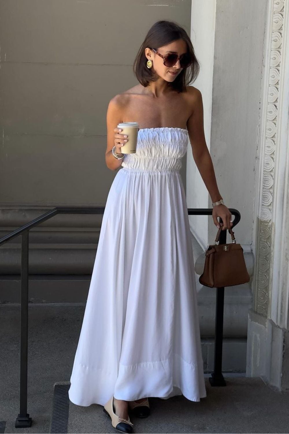 White Strapless Maxi Dress with Smocked Bodice White Strapless Maxi Dress with Smocked Bodice — White Dresses Outfit