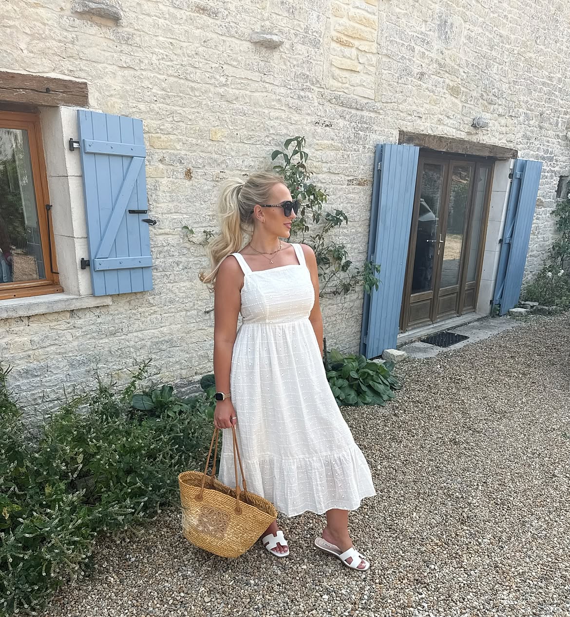 White Eyelet Maxi Dress With Raffia Tote