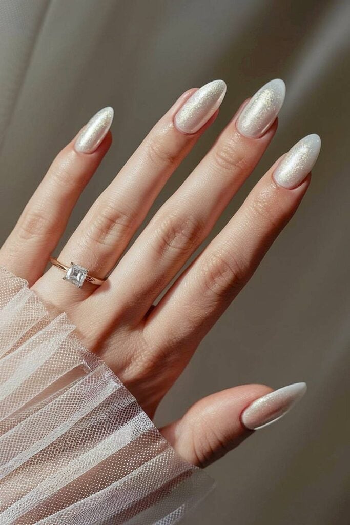 Medium Almond Milky White Shimmer Nails Medium Almond Milky White Shimmer Nails — White Nails