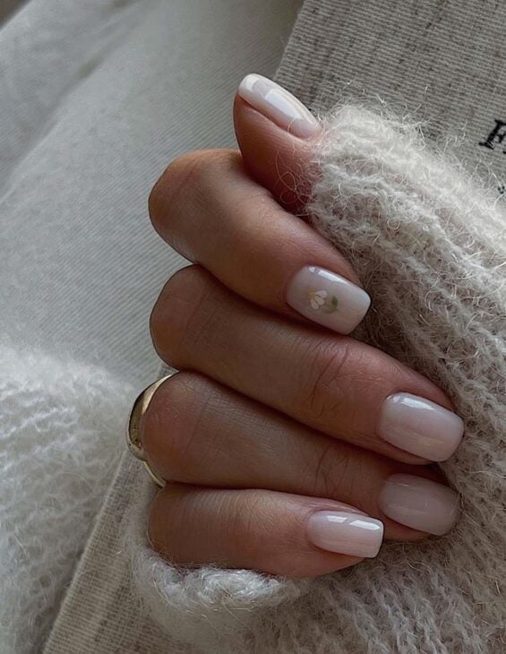 Short Square Milky White Floral Motif Nails Short Square Milky White Floral Motif Nails — White Nails