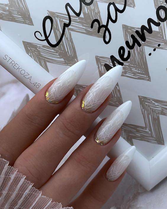Medium Almond White French Gold Accent Nails Medium Almond White French Gold Accent Nails — White Nails