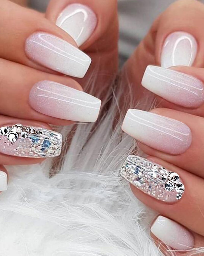 Medium Square White Pink Ombre Glitter Rhinestone Nails Medium Square White Pink Ombre Glitter Rhinestone Nails — White Nails