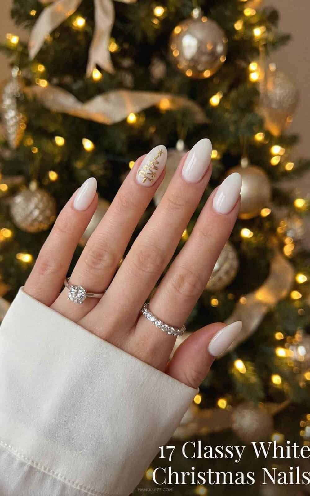 Medium Almond Glossy White Gold Foil Tree Nails Medium Almond Glossy White Gold Foil Tree Nails — White Nails