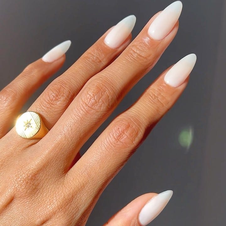 Medium Almond Milky White Pearlescent Glossy Nails Medium Almond Milky White Pearlescent Glossy Nails — White Nails