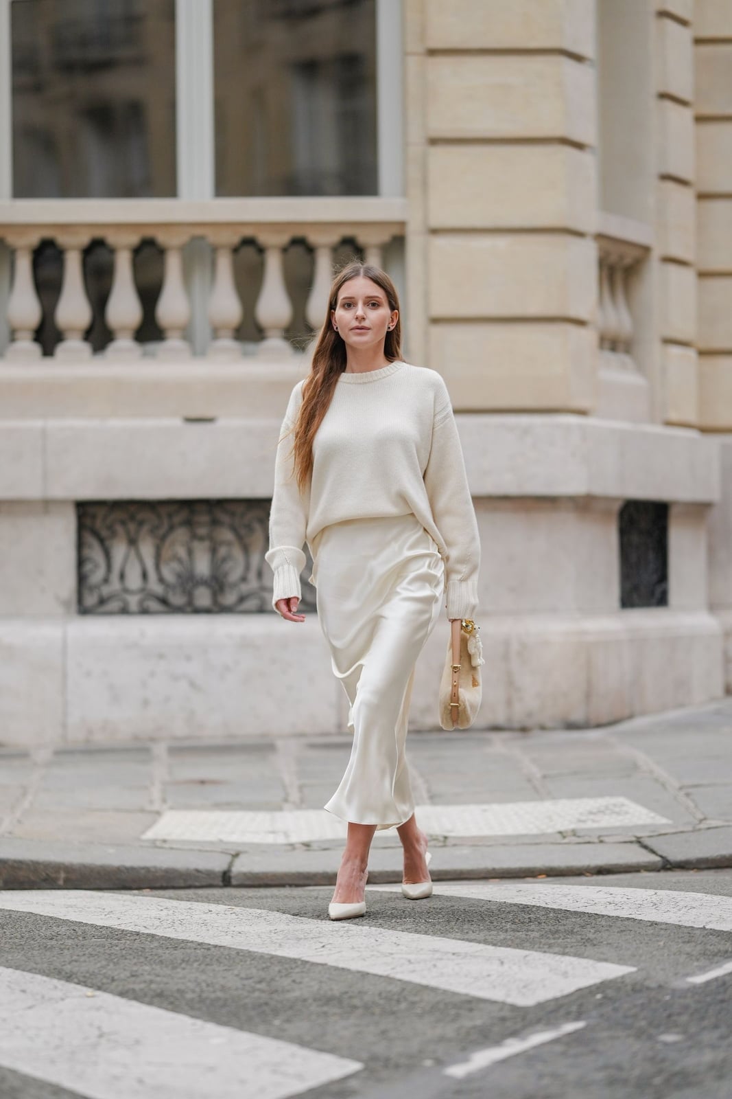 Relaxed White Knit Sweater and Satin Skirt Relaxed White Knit Sweater and Satin Skirt — White Outfits
