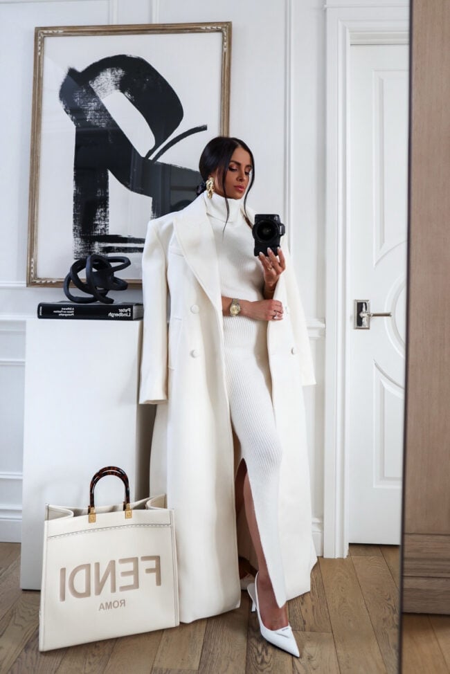 White Ribbed Dress with Oversized Wool Coat White Ribbed Dress with Oversized Wool Coat — White Outfits