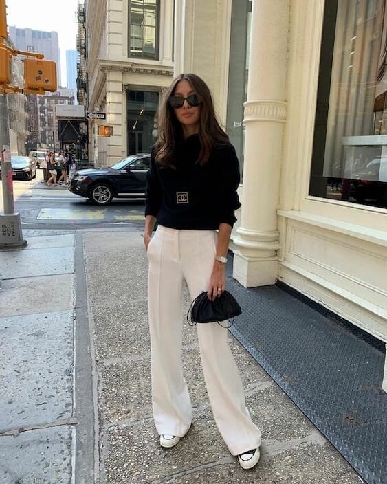 White Wide-Leg Trousers with Black Sweatshirt White Wide-Leg Trousers with Black Sweatshirt — White Outfits