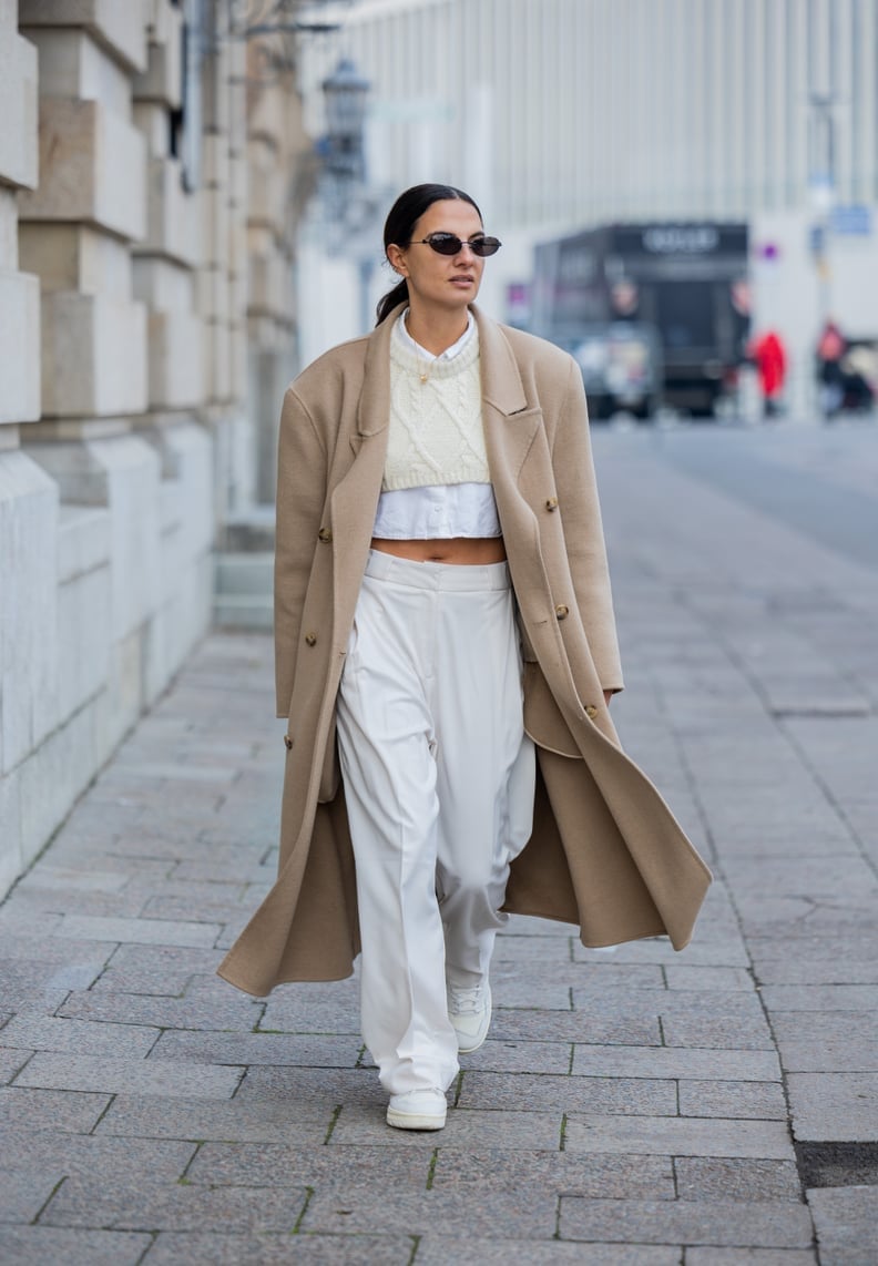 White Wide-Leg Trousers Under an Oversized Camel Coat White Wide-Leg Trousers Under an Oversized Camel Coat — White Pants Outfits