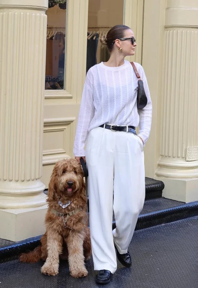 Pleated Wide-Leg Trousers With a Cable Knit Sweater Pleated Wide-Leg Trousers With a Cable Knit Sweater — White Pants Outfits
