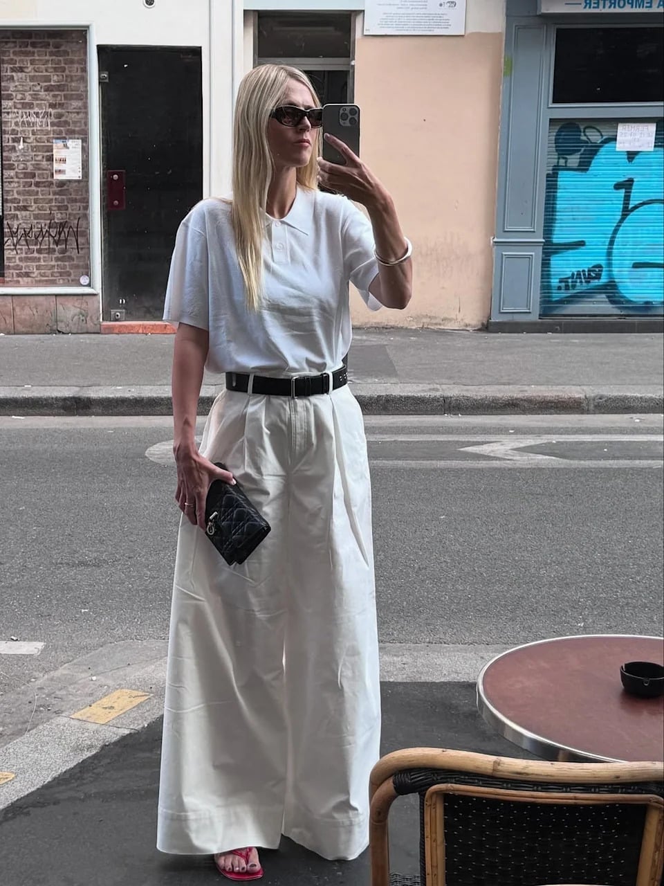 Wide-Leg Trousers With a Collared Polo Shirt Wide-Leg Trousers With a Collared Polo Shirt — White Pants Outfits