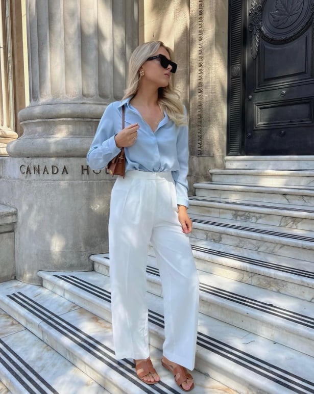 Wide-Leg Linen Trousers With a Silk Shirt Wide-Leg Linen Trousers With a Silk Shirt — White Pants Outfits