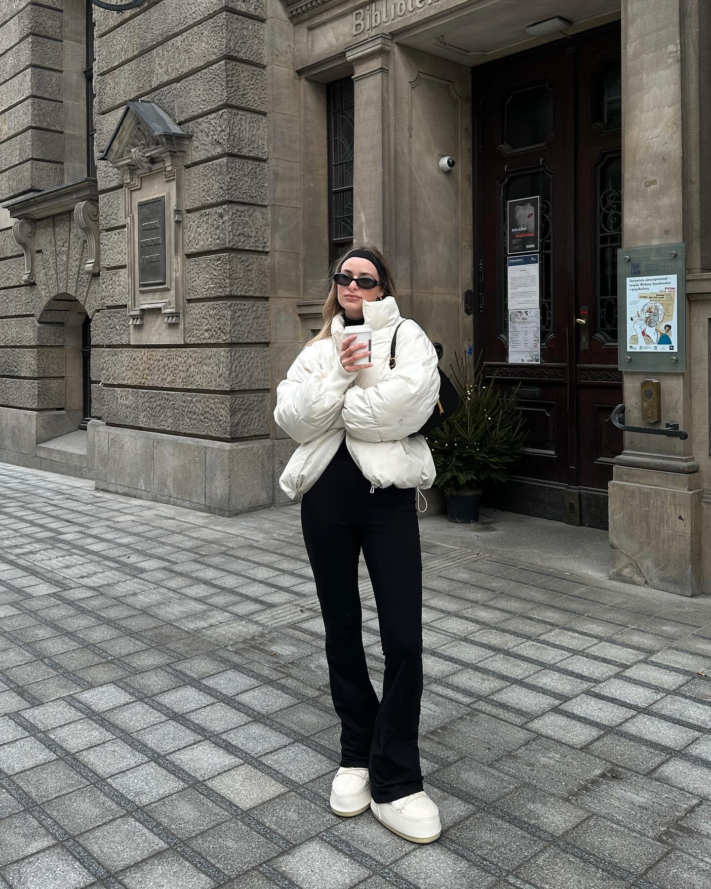 White Puffer Jacket With Black Flare Pants Look