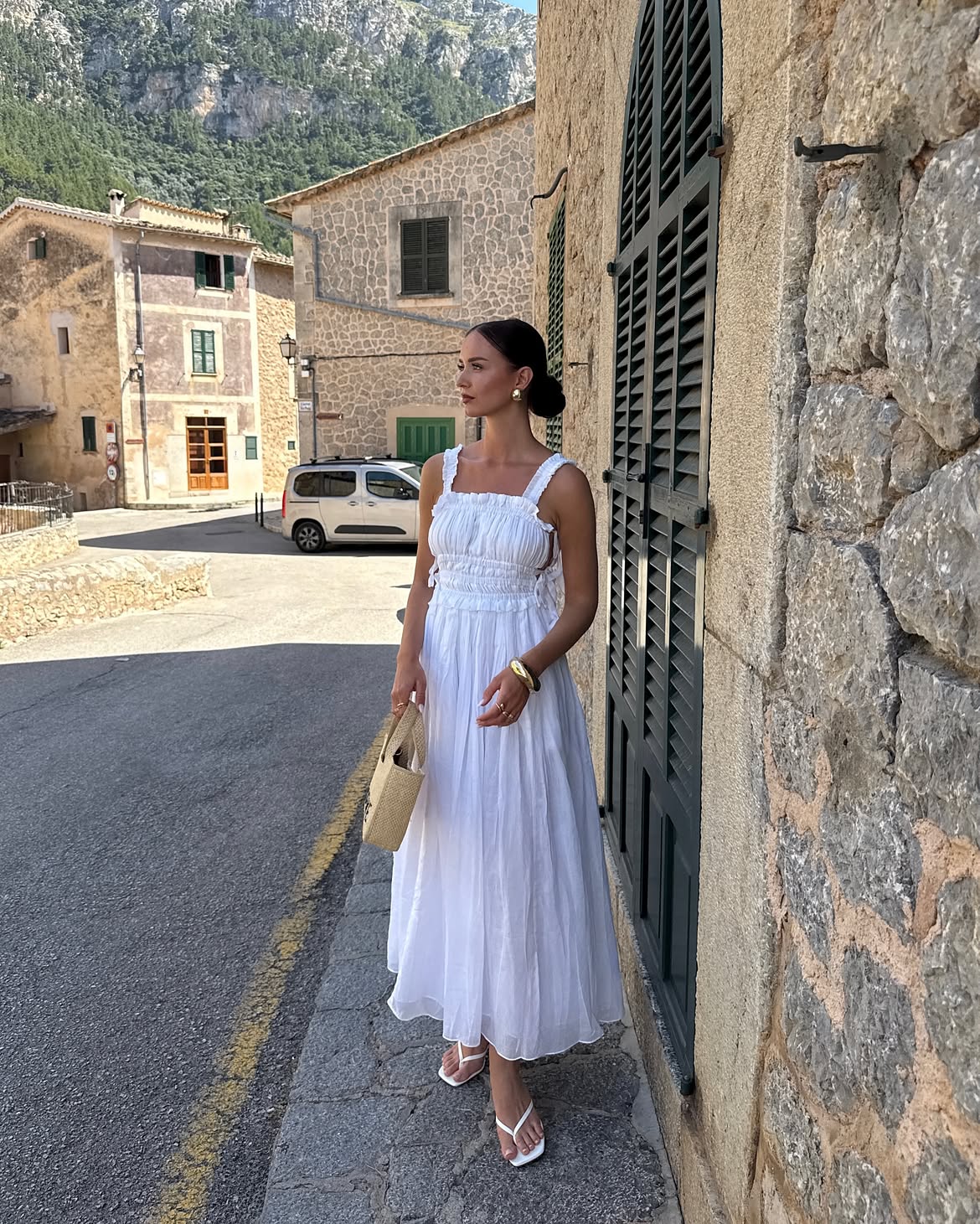 White Smocked Midi Dress With Straw Tote Holiday Look