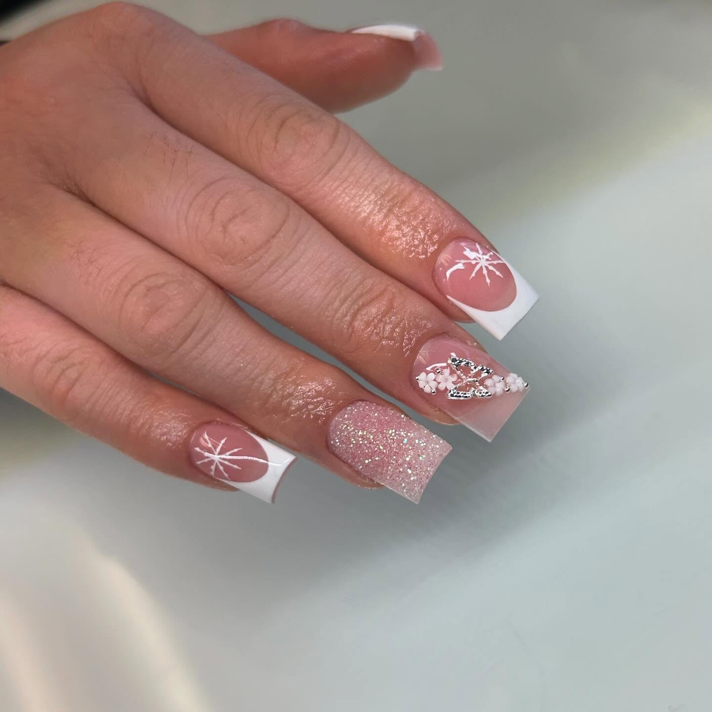 White Snowflake French Square Nails with Glitter