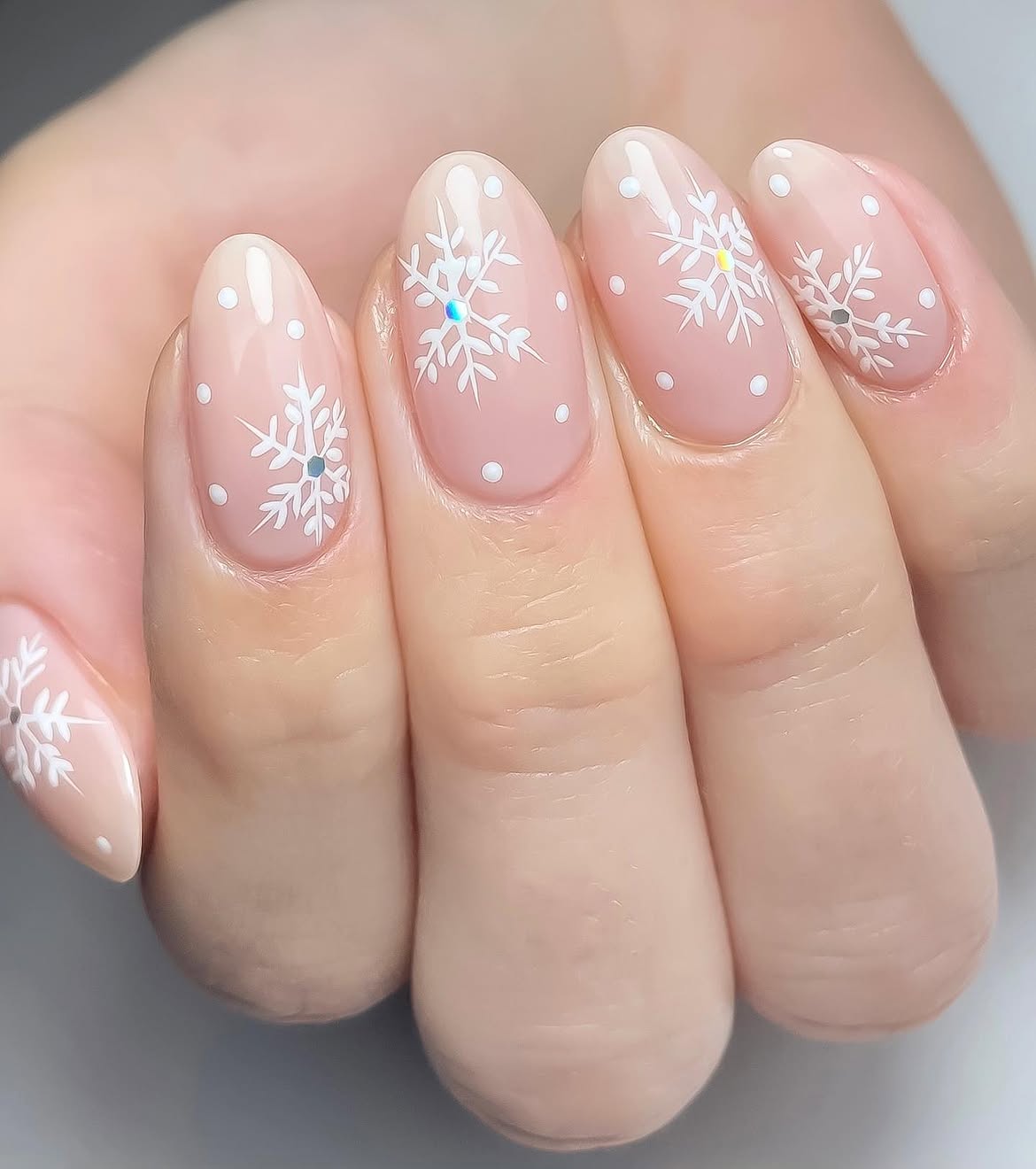 White Snowflake French Tip Almond Nails