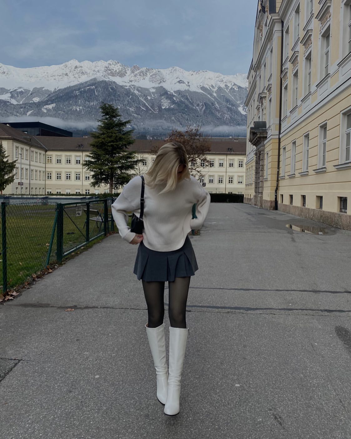 White Sweater And Pleated Skirt Winter Look