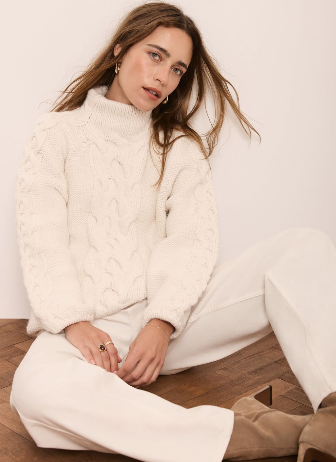 White Cable Knit Turtleneck Sweater With Cream Pants White Cable Knit Turtleneck Sweater With Cream Pants — White Sweater Outfit