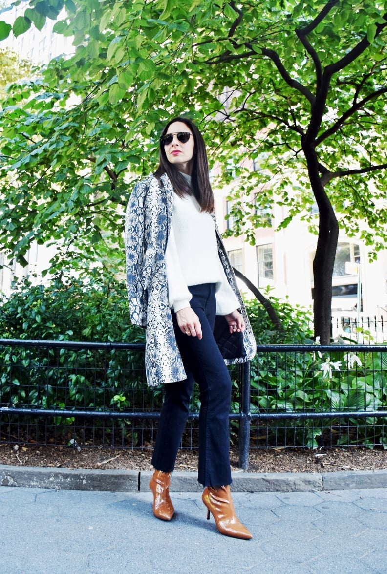 White Crewneck Sweater Under Snakeskin Blazer White Crewneck Sweater Under Snakeskin Blazer — White Sweater Outfit