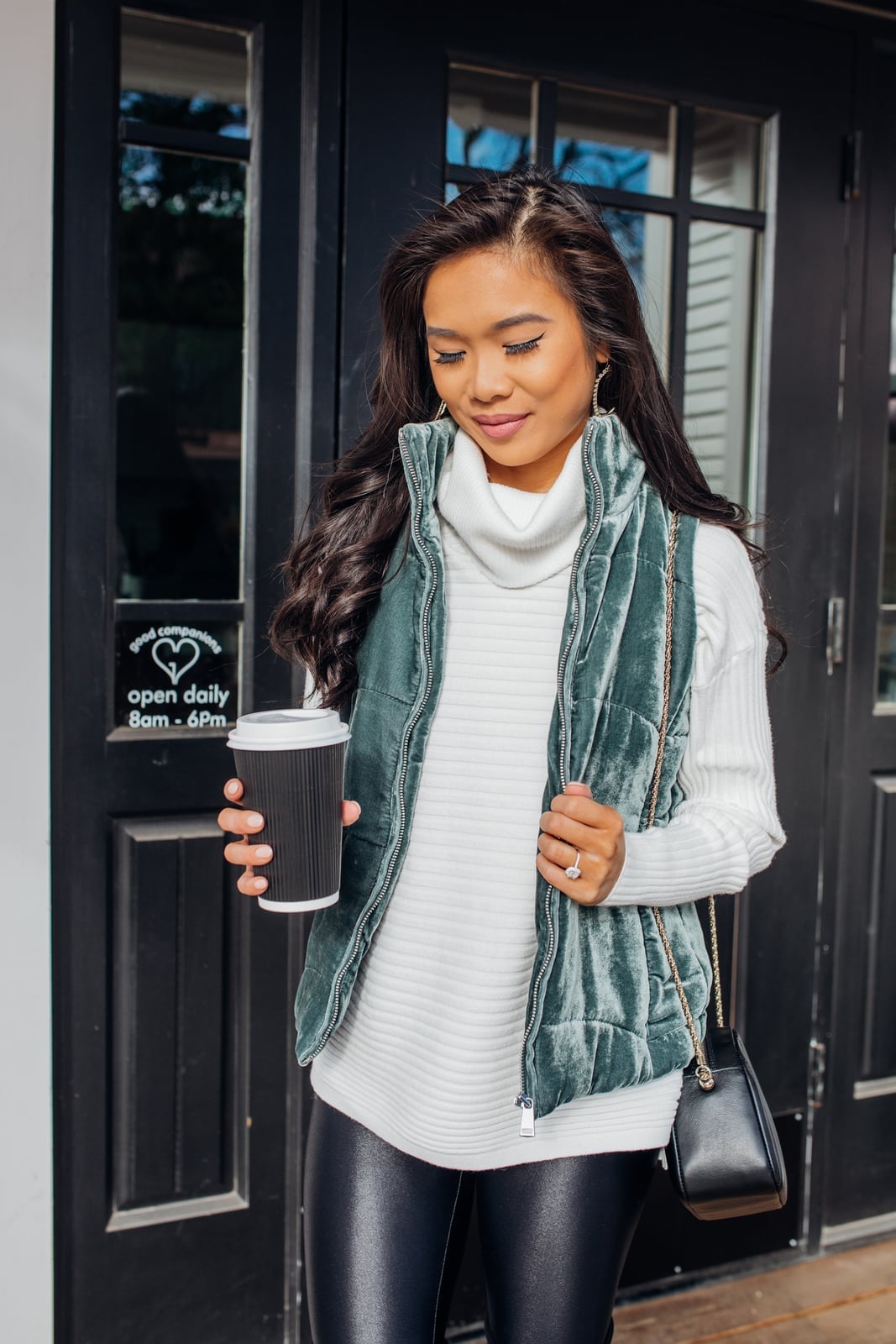 White Turtleneck Sweater With Green Velvet Vest White Turtleneck Sweater With Green Velvet Vest — White Sweater Outfit