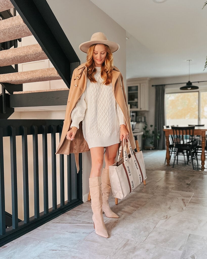 Cream Cable Knit Sweater Dress With Camel Coat Cream Cable Knit Sweater Dress With Camel Coat — White Sweater Outfit